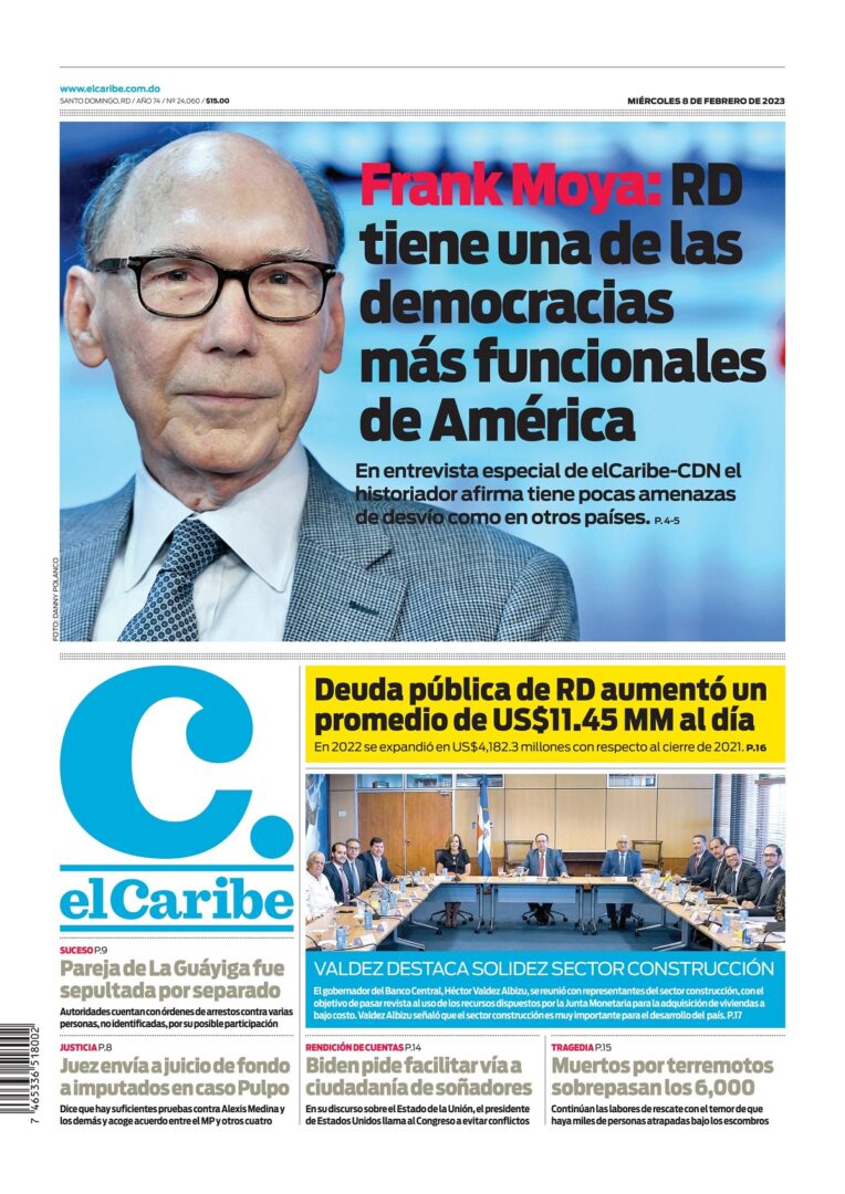 Portada Periódico El Caribe, Miércoles 08 Febrero, 2023