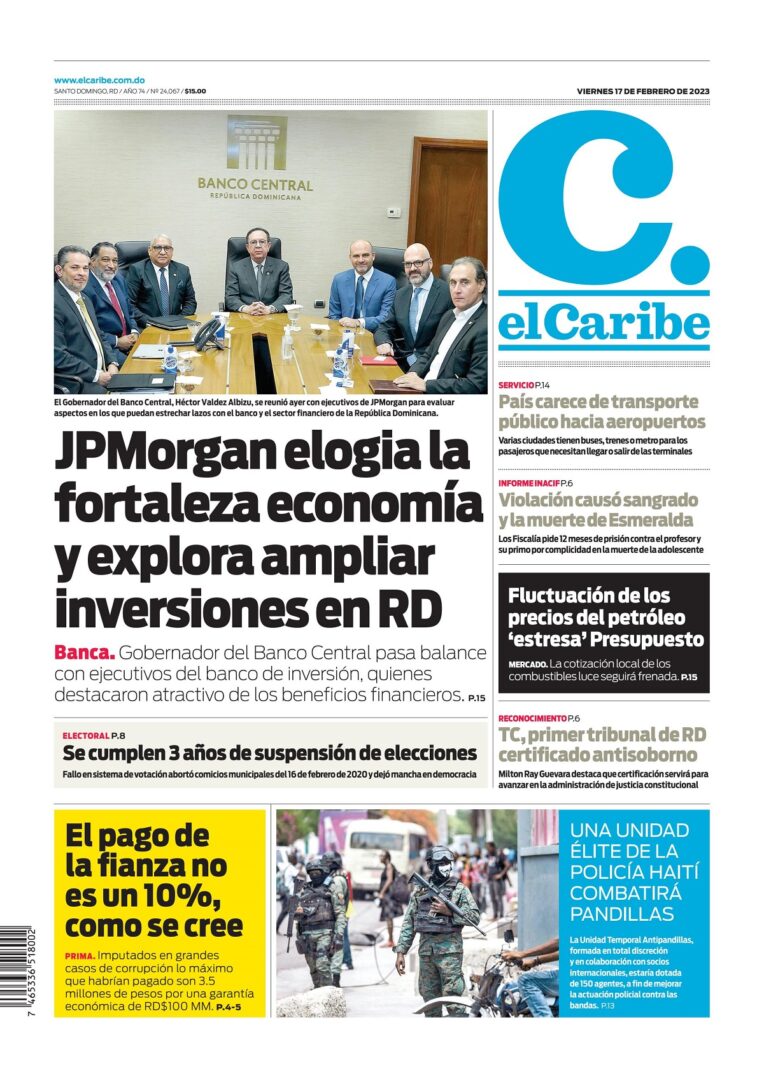 Portada Periódico El Caribe, Viernes 17 Febrero, 2023