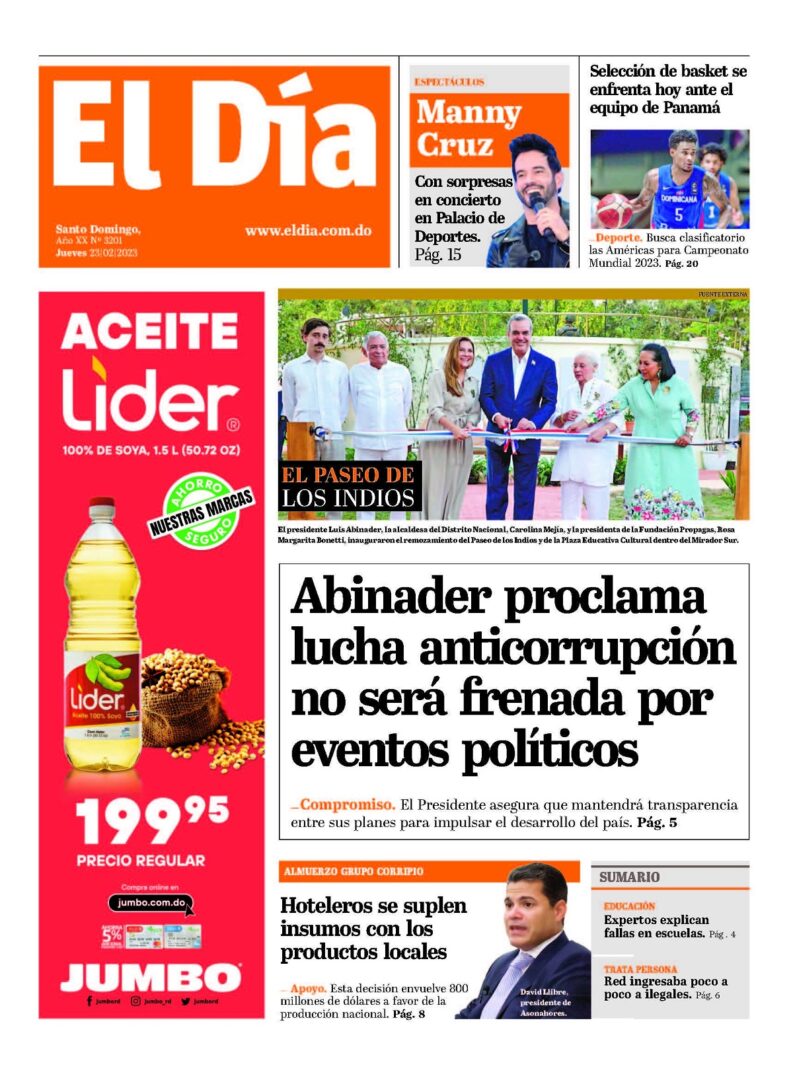 Portada Periódico El Día, Jueves 23 Febrero, 2023