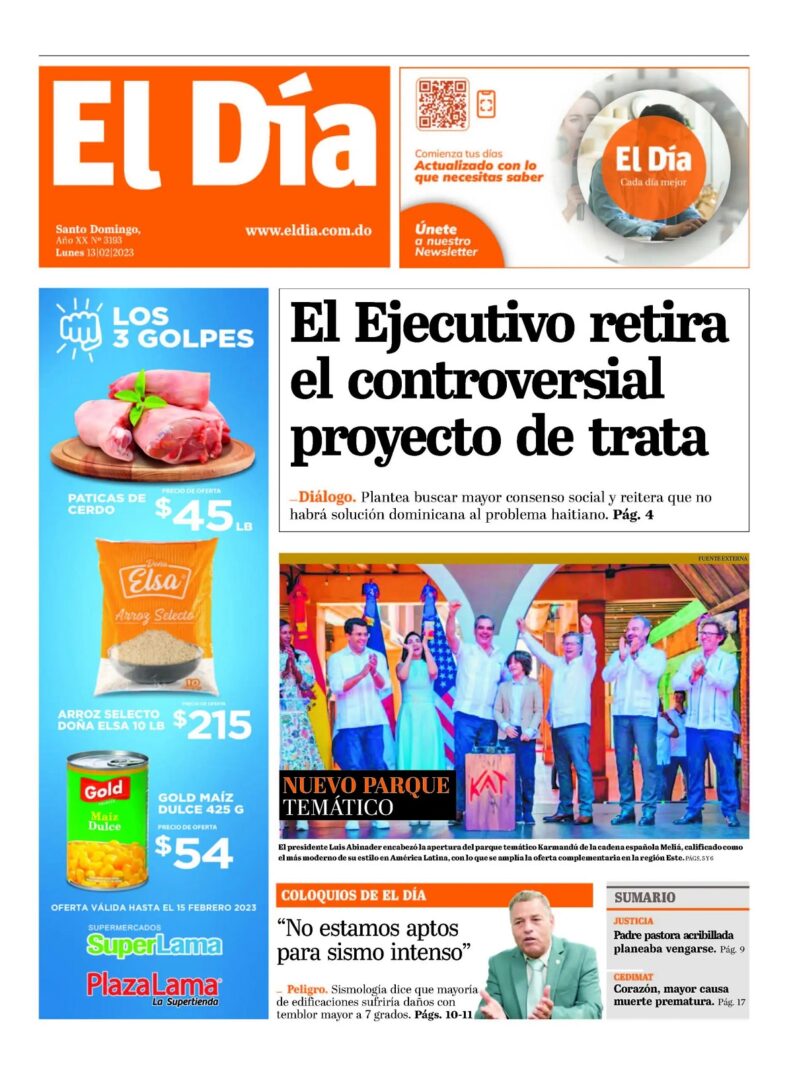 Portada Periódico El Día, Lunes 13 Febrero, 2023