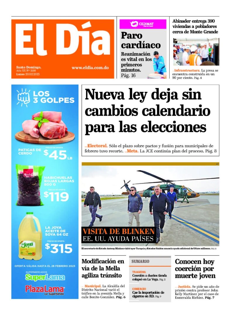 Portada Periódico El Día, Lunes 20 Febrero, 2023
