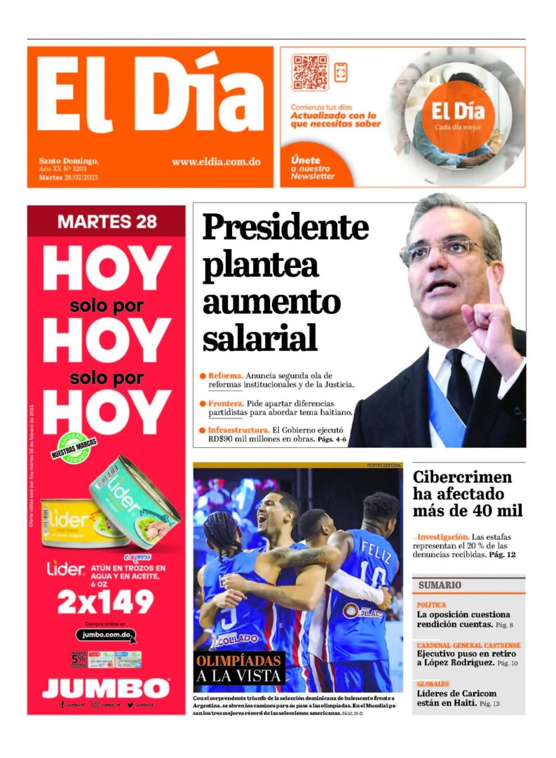 Portada Periódico El Día, Martes 28 Febrero, 2023