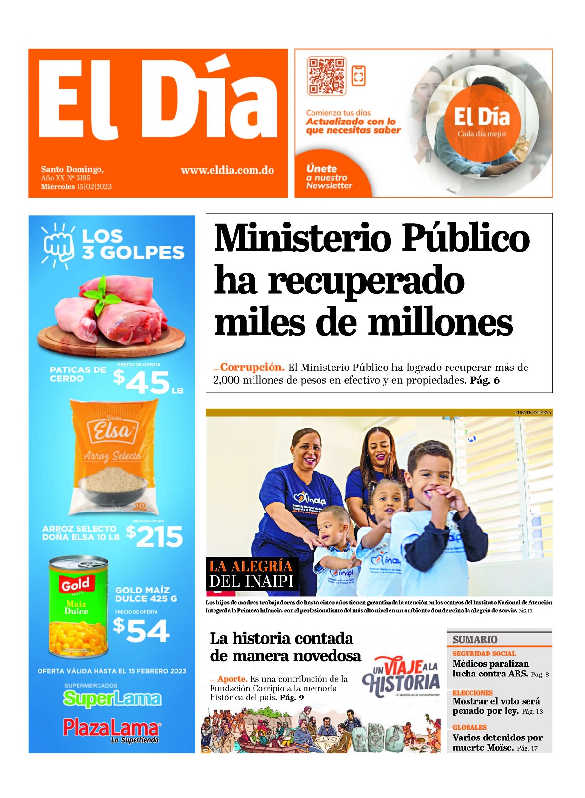 Portada Periódico El Día, Miércoles 15 Febrero, 2023