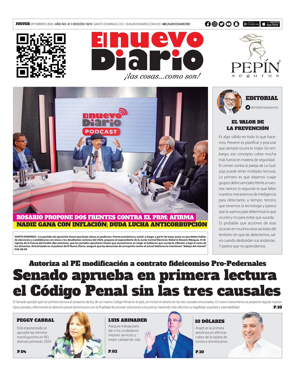 Portada Periódico El Nuevo Diario, Jueves 09 Febrero, 2023