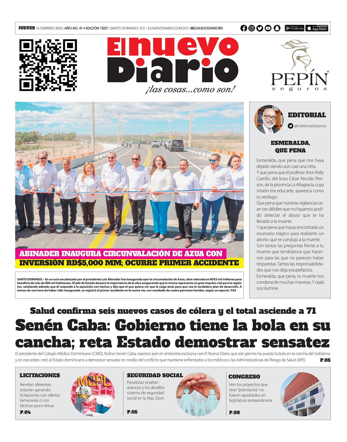 Portada Periódico El Nuevo Diario, Jueves 16 Febrero, 2023