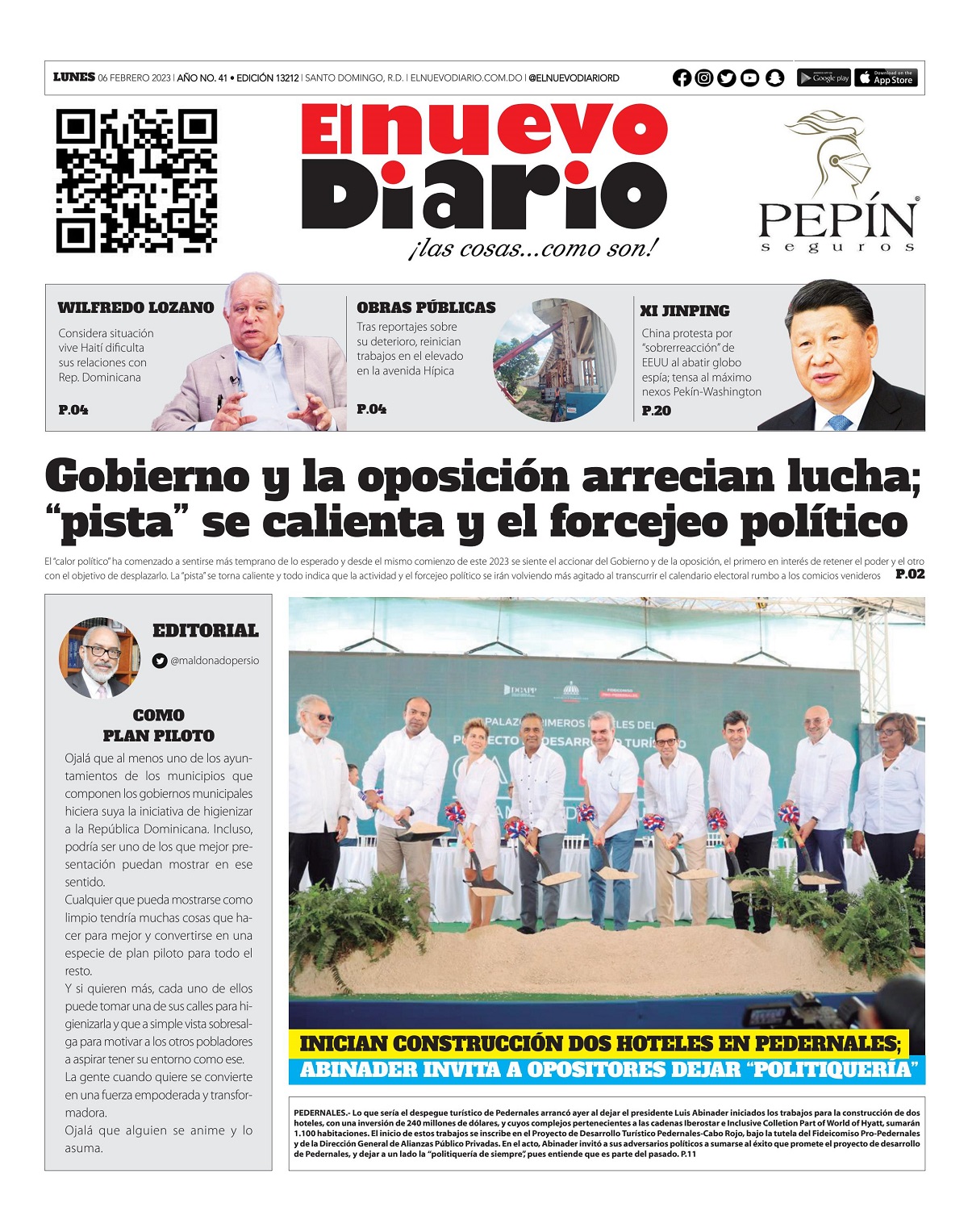 Portada Periódico El Nuevo Diario, Lunes 06 Febrero, 2023