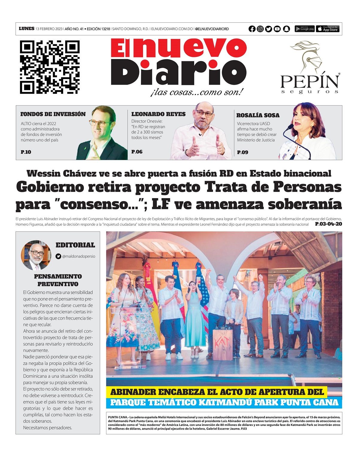 Portada Periódico El Nuevo Diario, Lunes 13 Febrero, 2023