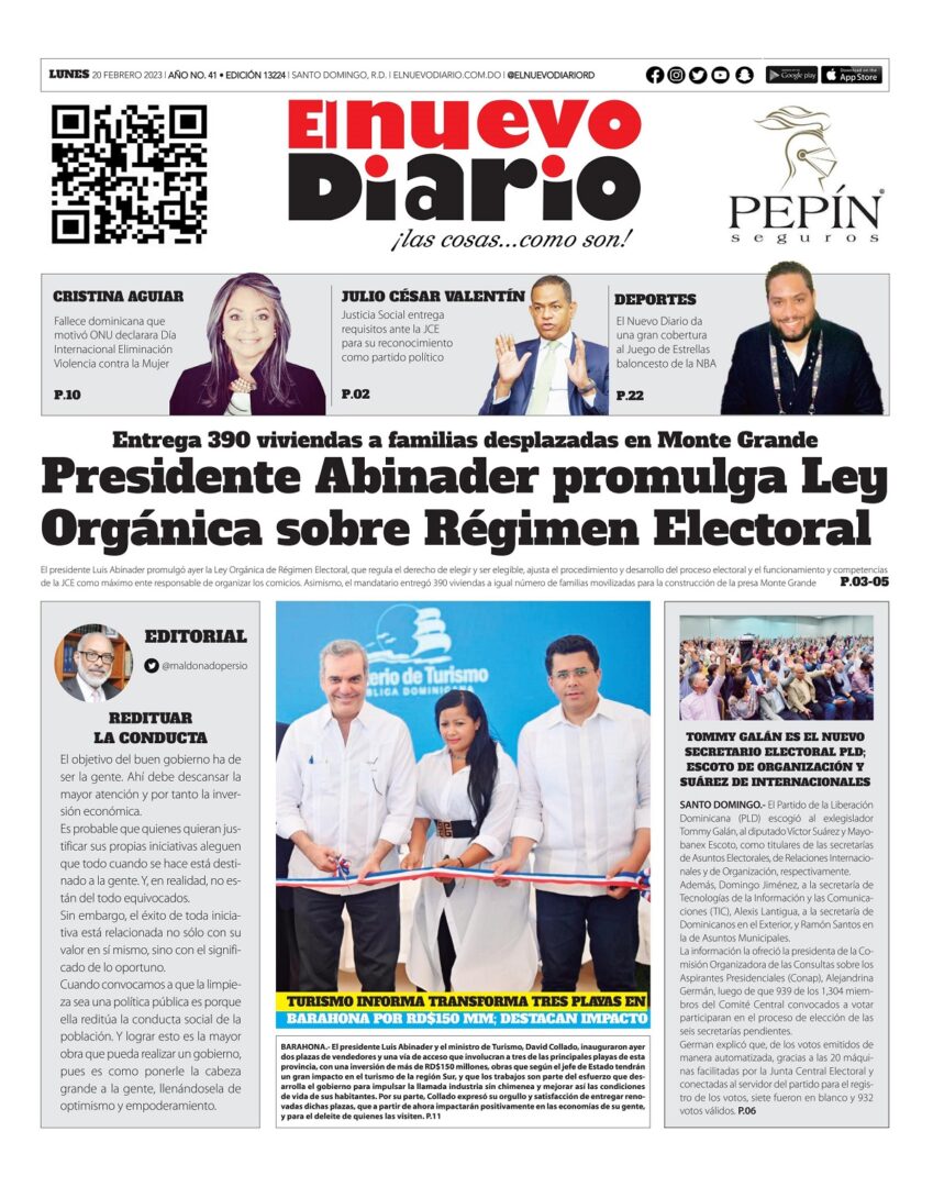 Portada Periódico El Nuevo Diario, Lunes 20 Febrero, 2023
