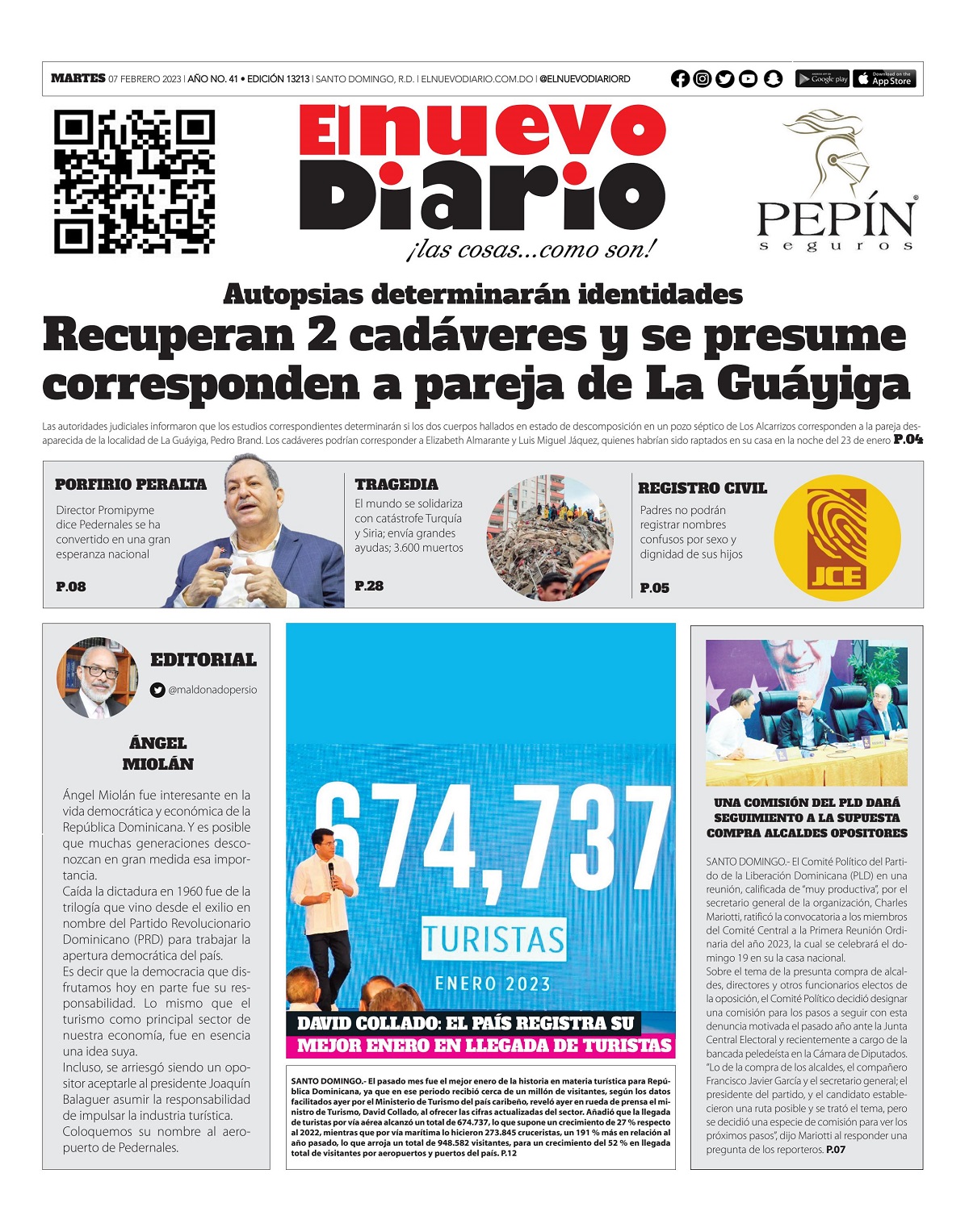 Portada Periódico El Nuevo Diario, Martes 07 Febrero, 2023