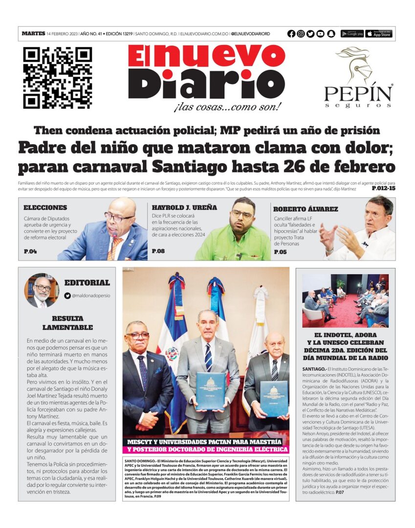 Portada Periódico El Nuevo Diario, Martes 14 Febrero, 2023