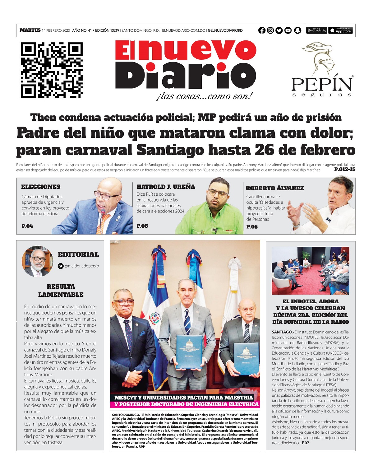 Portada Periódico El Nuevo Diario, Martes 14 Febrero, 2023