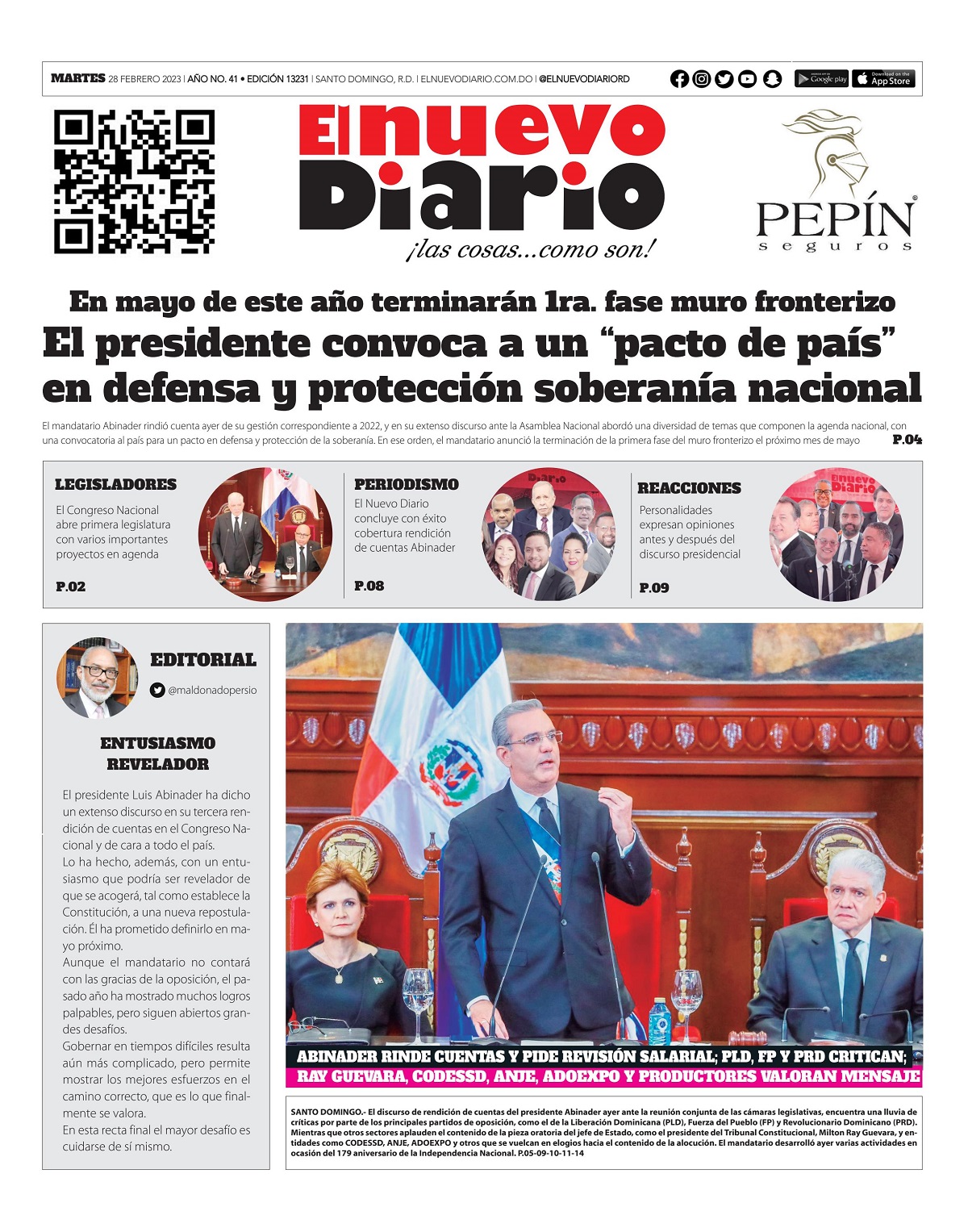 Portada Periódico El Nuevo Diario, Martes 28 Febrero, 2023