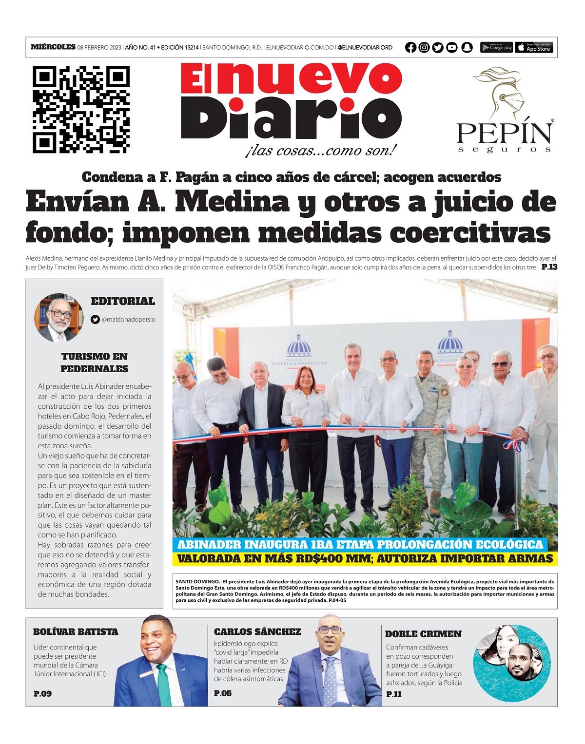 Portada Periódico El Nuevo Diario, Miércoles 08 Febrero, 2023