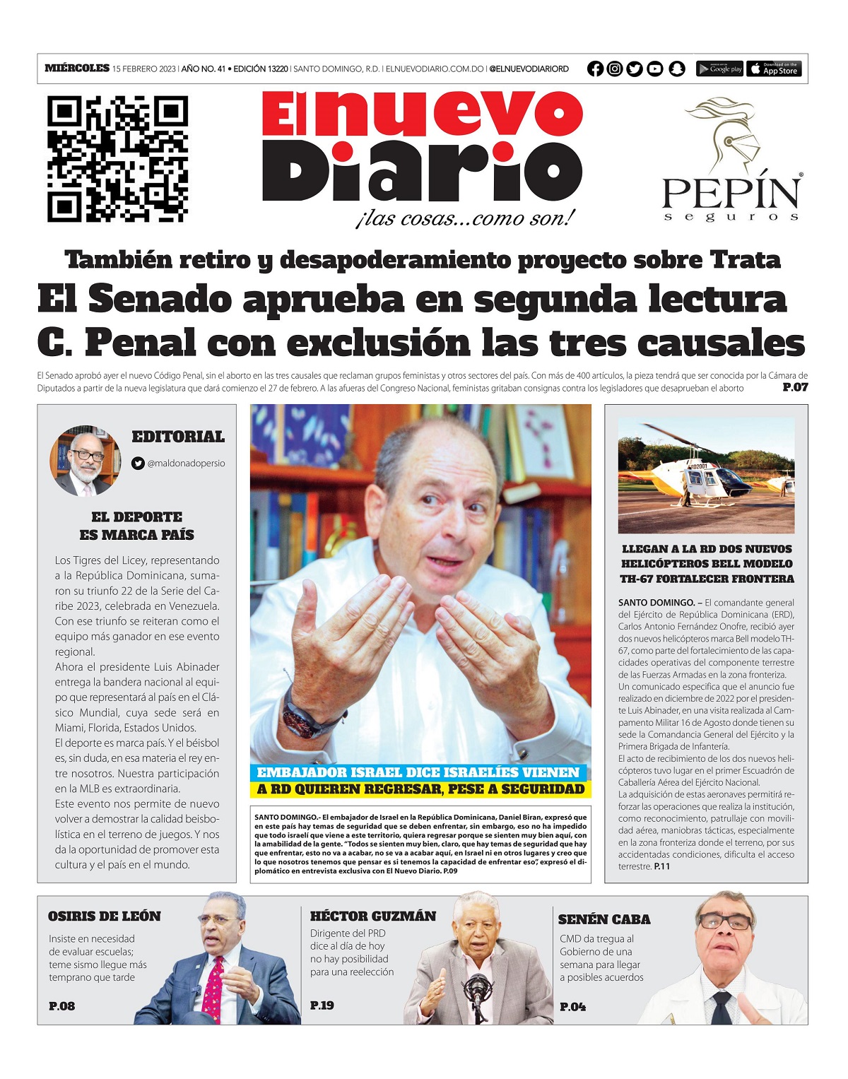 Portada Periódico El Nuevo Diario, Miércoles 15 Febrero, 2023