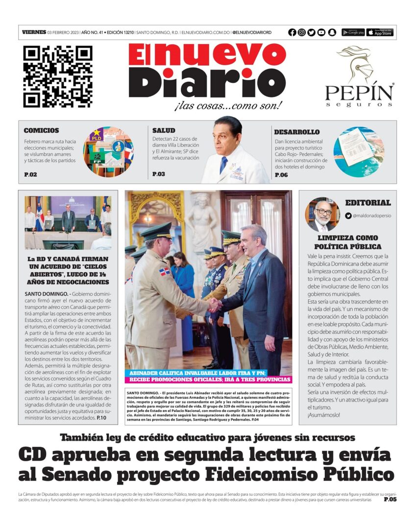 Portada Periódico El Nuevo Diario, Viernes 03 Febrero, 2023