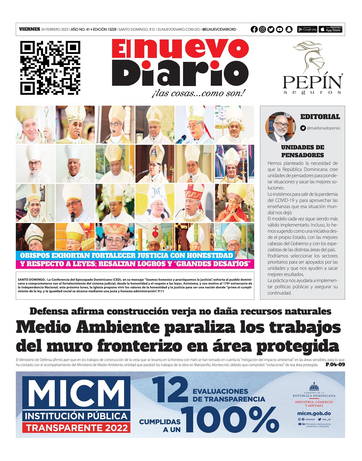 Portada Periódico El Nuevo Diario, Viernes 24 Febrero, 2023