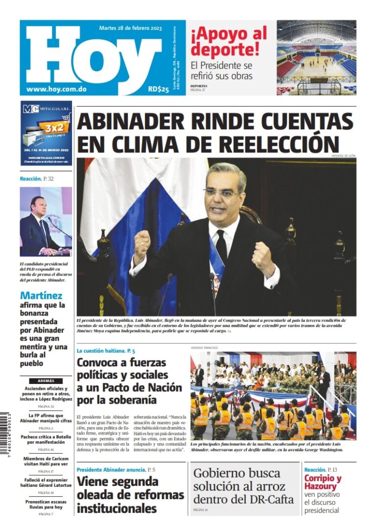 Portada Periódico Hoy, Martes 28 Febrero, 2023