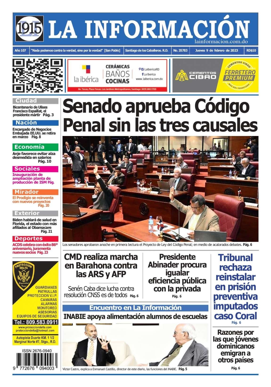 Portada Periódico La Información, Jueves 09 Febrero, 2023