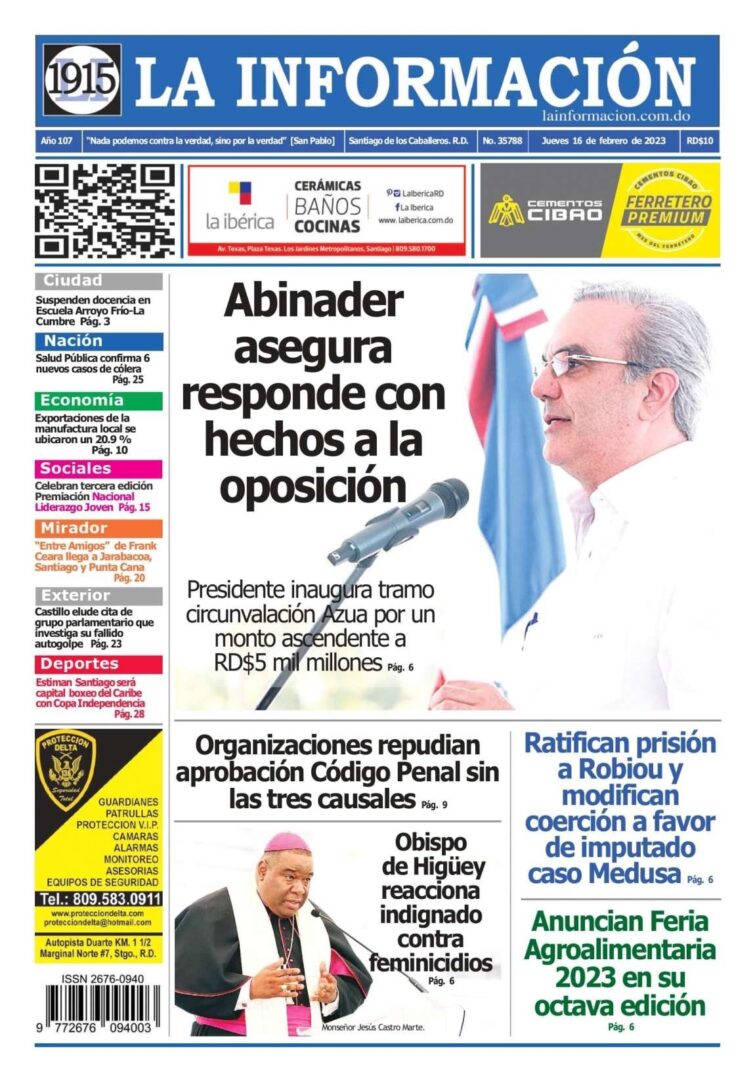 Portada Periódico La Información, Jueves 16 Febrero, 2023