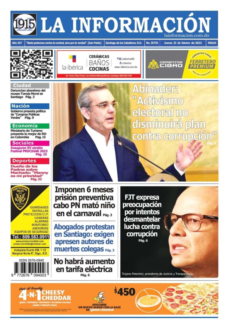 Portada Periódico La Información, Jueves 23 Febrero, 2023