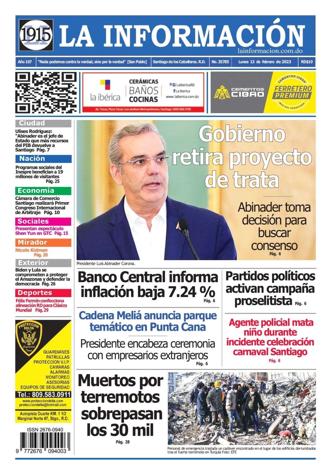 Portada Periódico La Información, Lunes 13 Febrero, 2023
