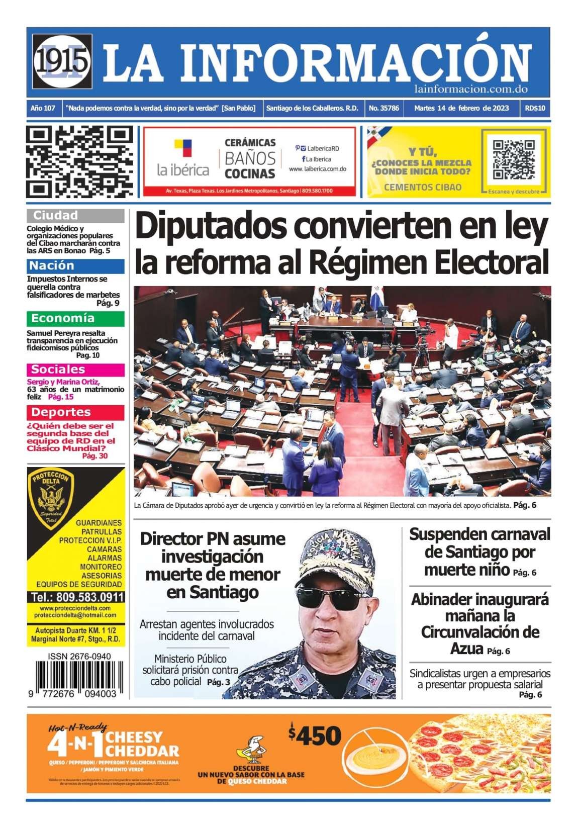 Portada Periódico La Información, Martes 14 Febrero, 2023