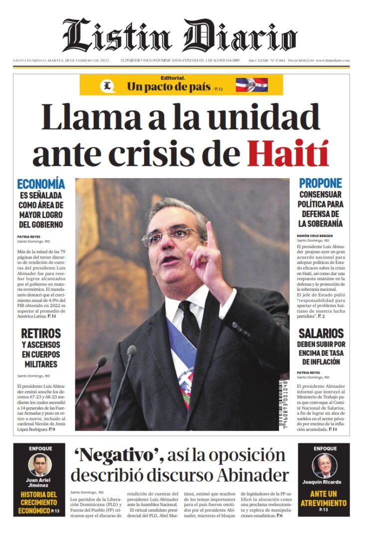 Portada Periódico Listín Diario, Martes 28 Febrero, 2023