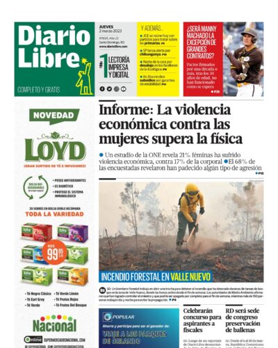 Portada Periódico Diario Libre, Jueves 02 Marzo, 2023