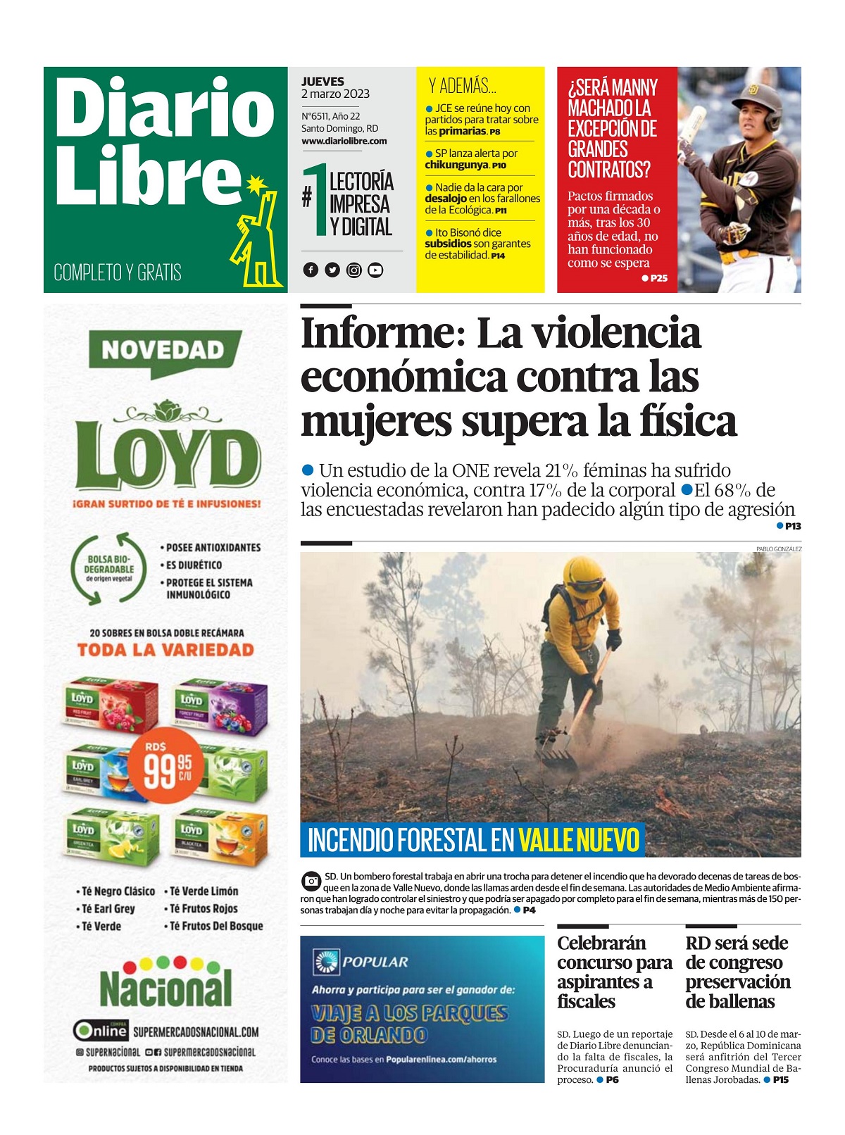 Portada Periódico Diario Libre, Jueves 02 Marzo, 2023