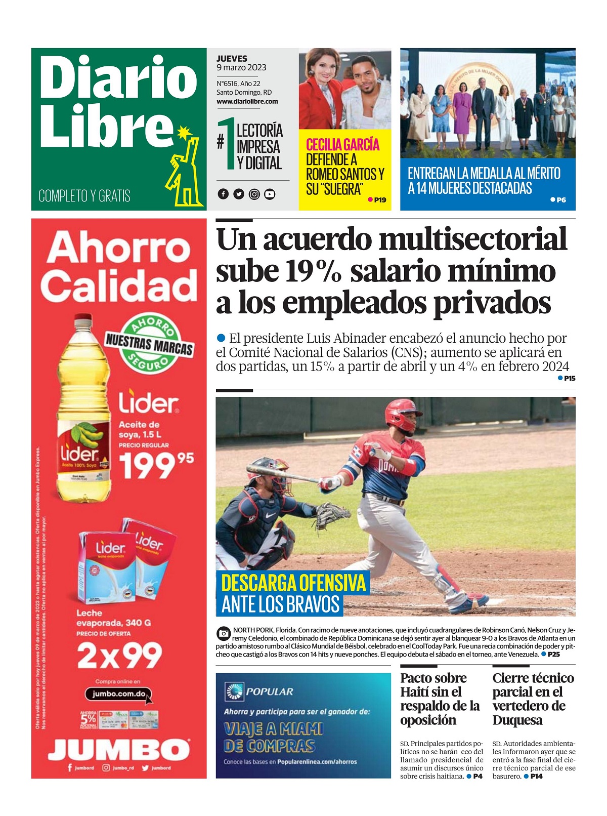 Portada Periódico Diario Libre, Jueves 09 Marzo, 2023
