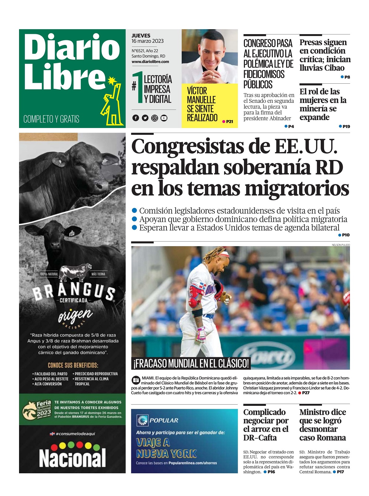 Portada Periódico Diario Libre, Jueves 16 Marzo, 2023