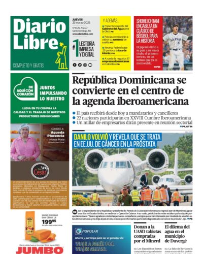 Portada Periódico Diario Libre, Jueves 23 Marzo, 2023