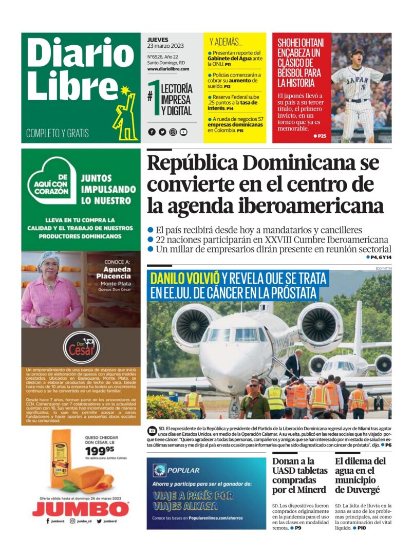 Portada Periódico Diario Libre, Jueves 23 Marzo, 2023