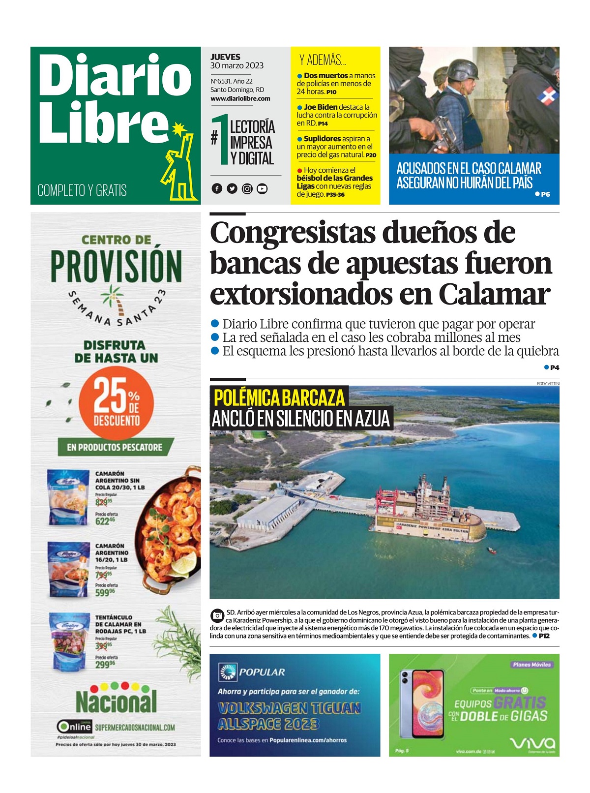 Portada Periódico Diario Libre, Jueves 30 Marzo, 2023