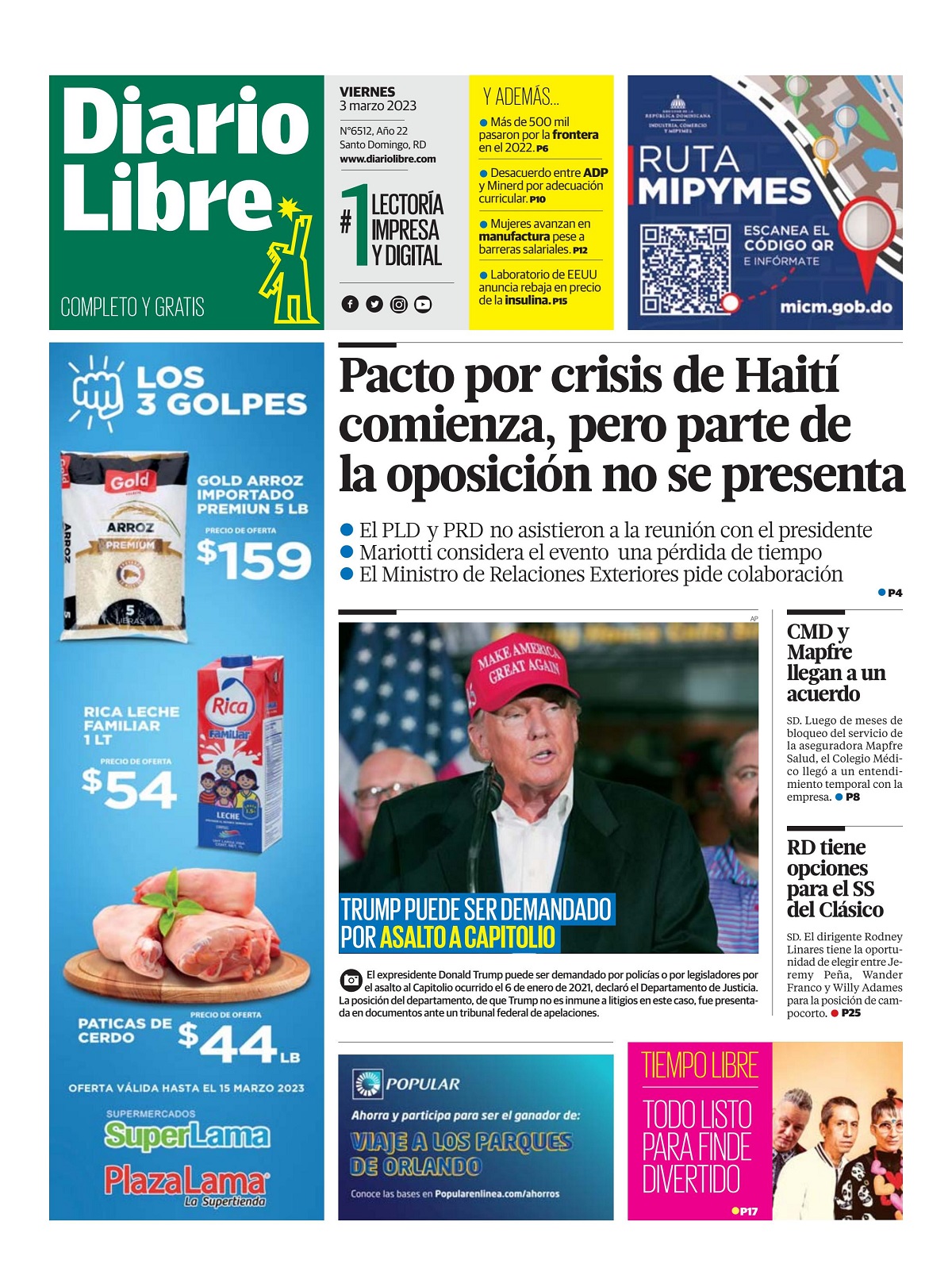 Portada Periódico Diario Libre, Lunes 06 Marzo, 2023