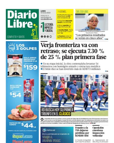 Portada Periódico Diario Libre, Lunes 13 Marzo, 2023