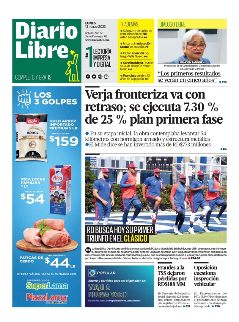 Portada Periódico Diario Libre, Lunes 13 Marzo, 2023