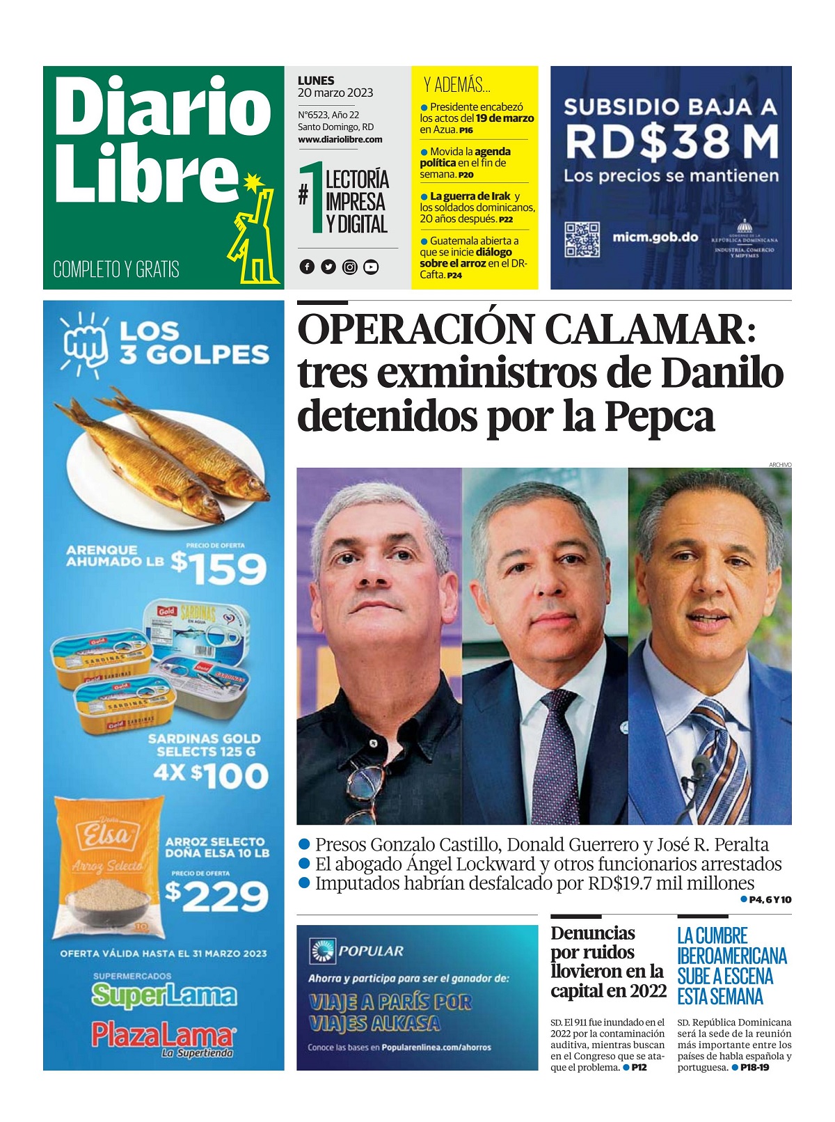 Portada Periódico Diario Libre, Lunes 20 Marzo, 2023