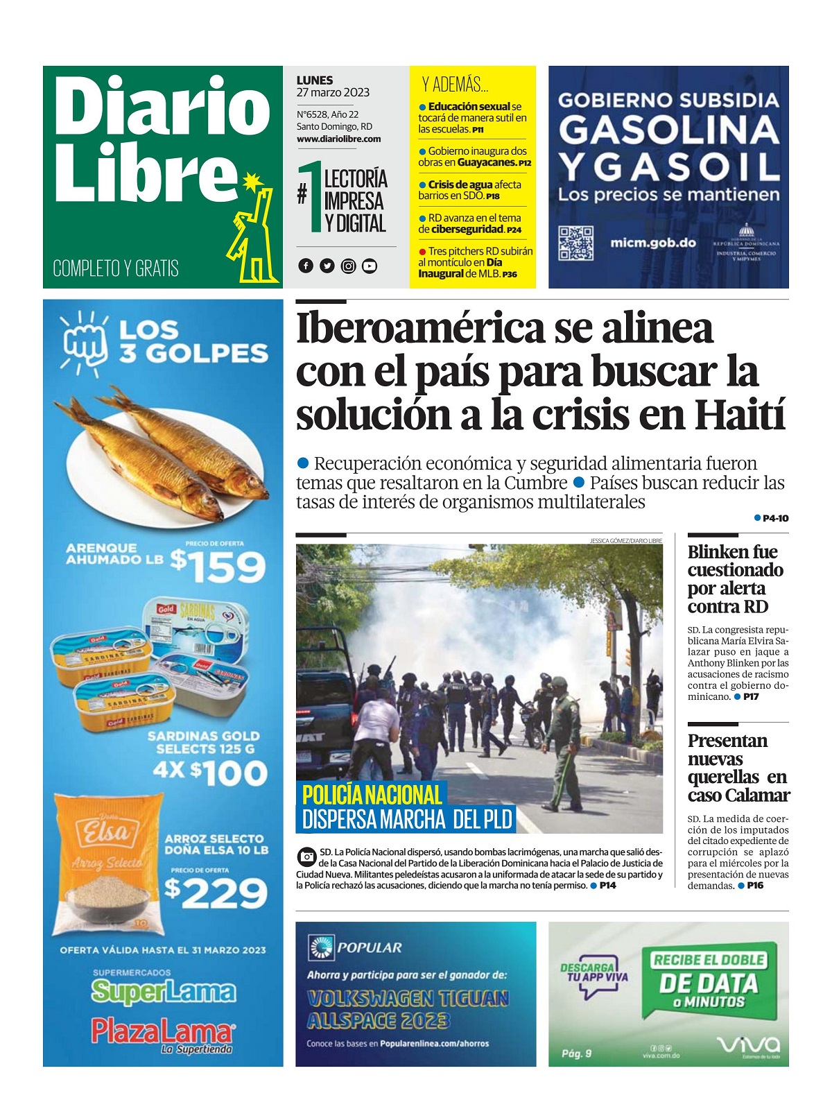 Portada Periódico Diario Libre, Lunes 27 Marzo, 2023