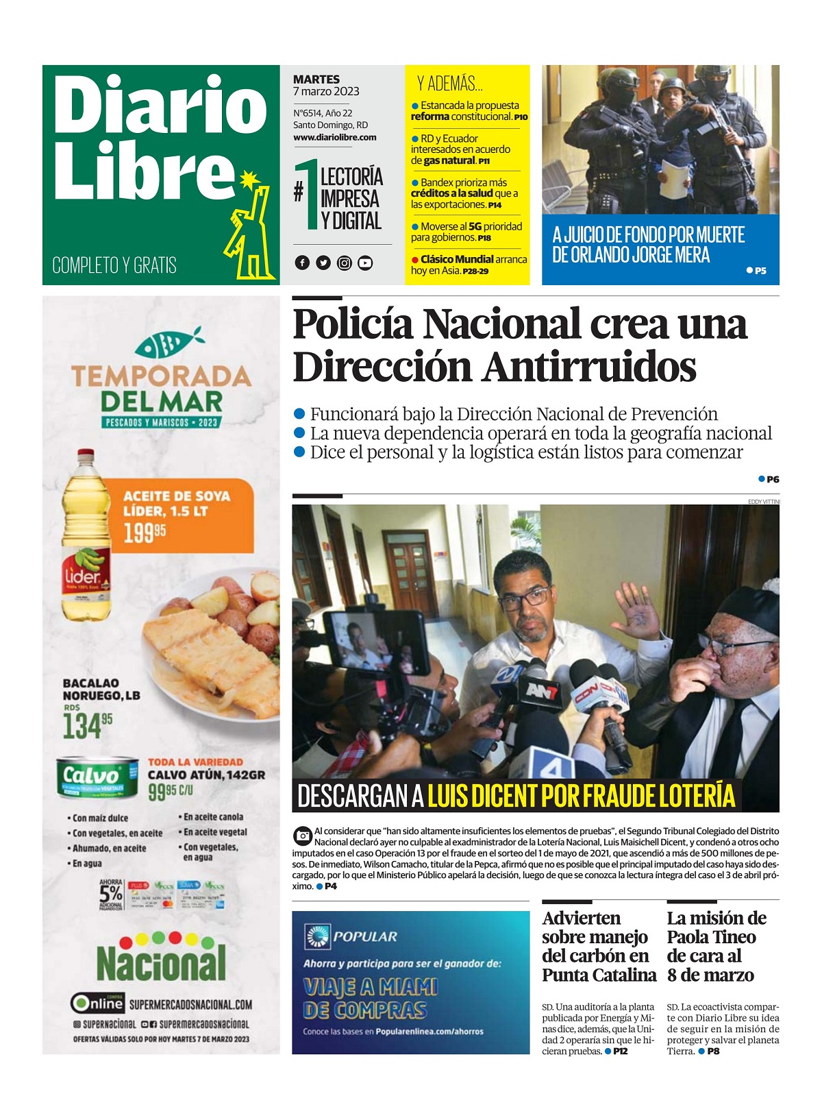 Portada Periódico Diario Libre, Martes 07 Marzo, 2023