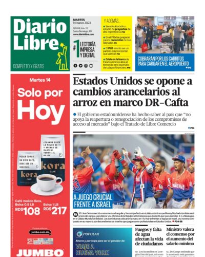 Portada Periódico Diario Libre, Martes 14 Marzo, 2023