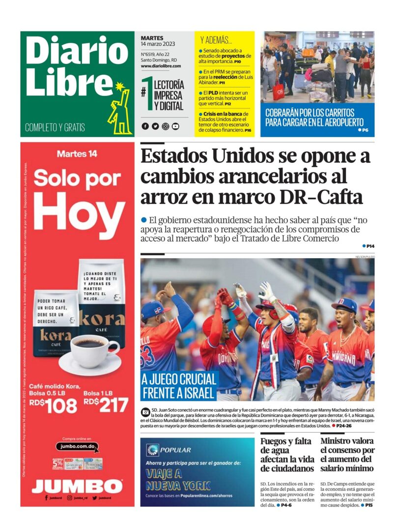 Portada Periódico Diario Libre, Martes 14 Marzo, 2023