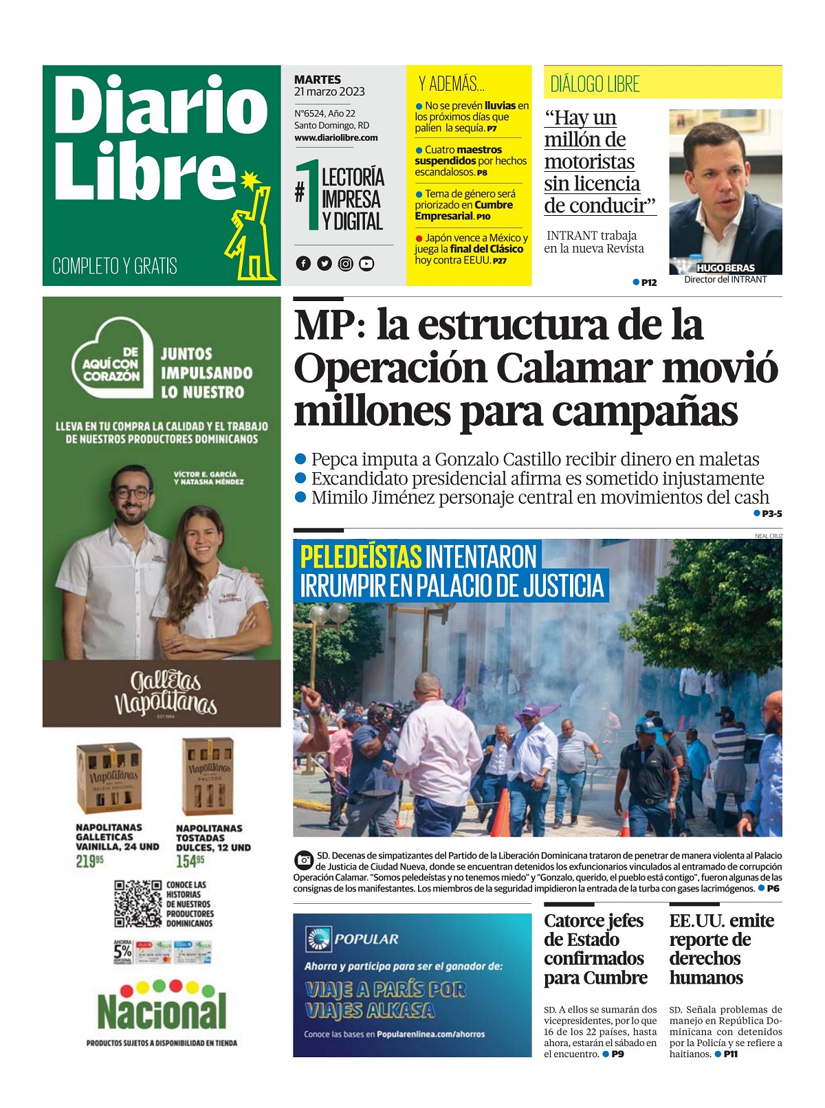 Portada Periódico Diario Libre, Martes 21 Marzo, 2023