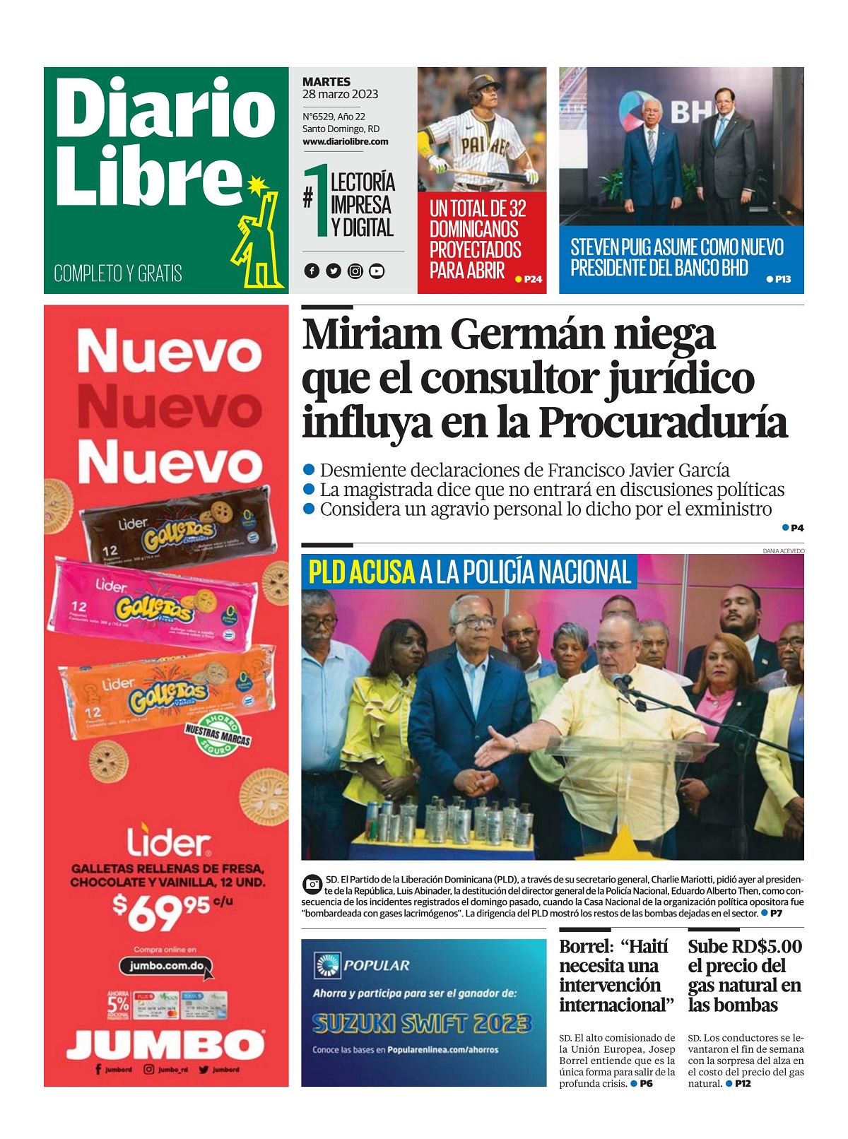 Portada Periódico Diario Libre, Martes 28 Marzo, 2023