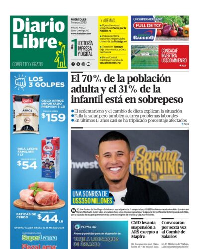 Portada Periódico Diario Libre, Miércoles 01 Marzo, 2023