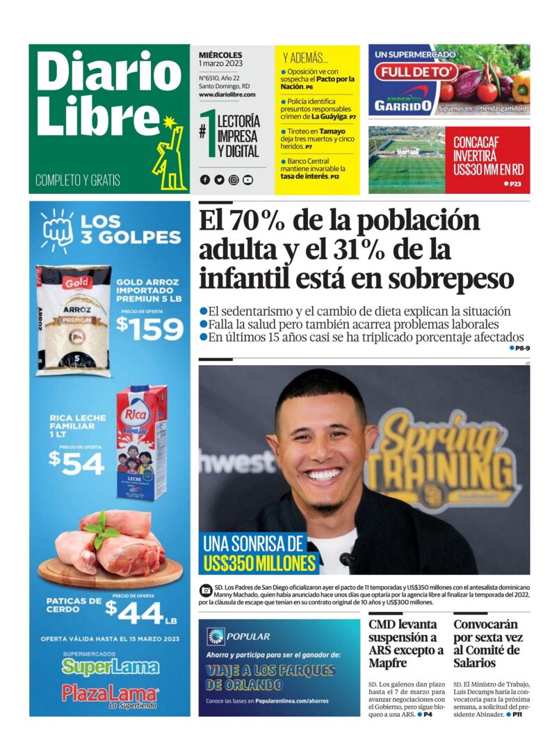 Portada Periódico Diario Libre, Miércoles 01 Marzo, 2023