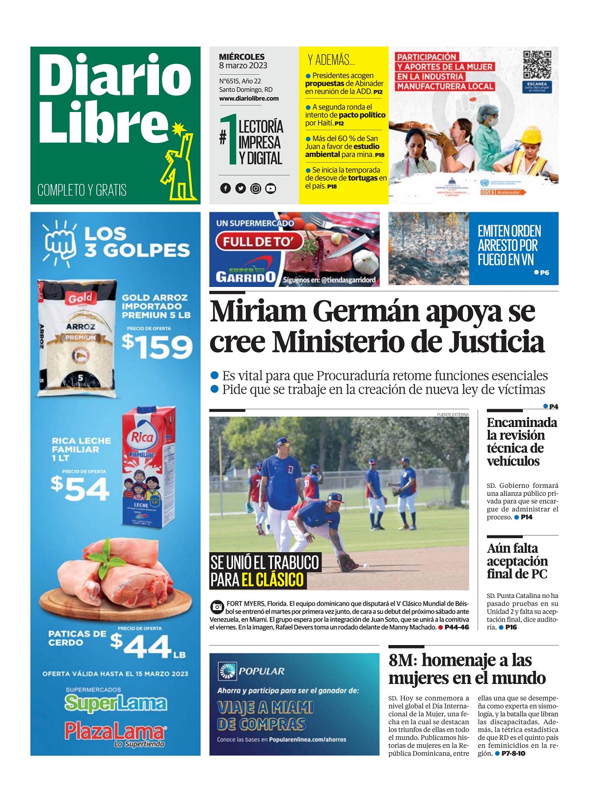 Portada Periódico Diario Libre, Miércoles 08 Marzo, 2023