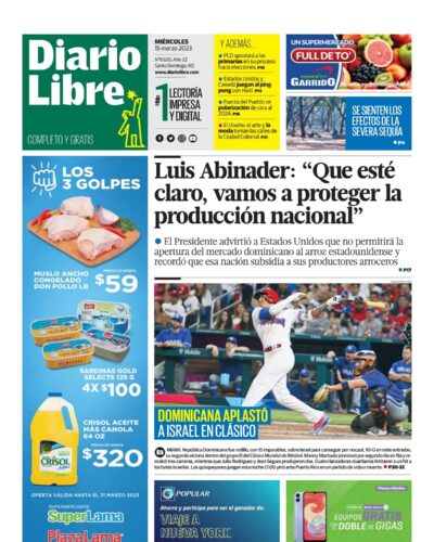 Portada Periódico Diario Libre, Miércoles 15 Marzo, 2023