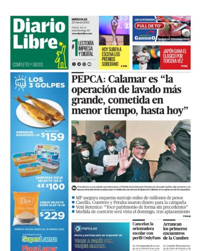 Portada Periódico Diario Libre, Miércoles 22 Marzo, 2023