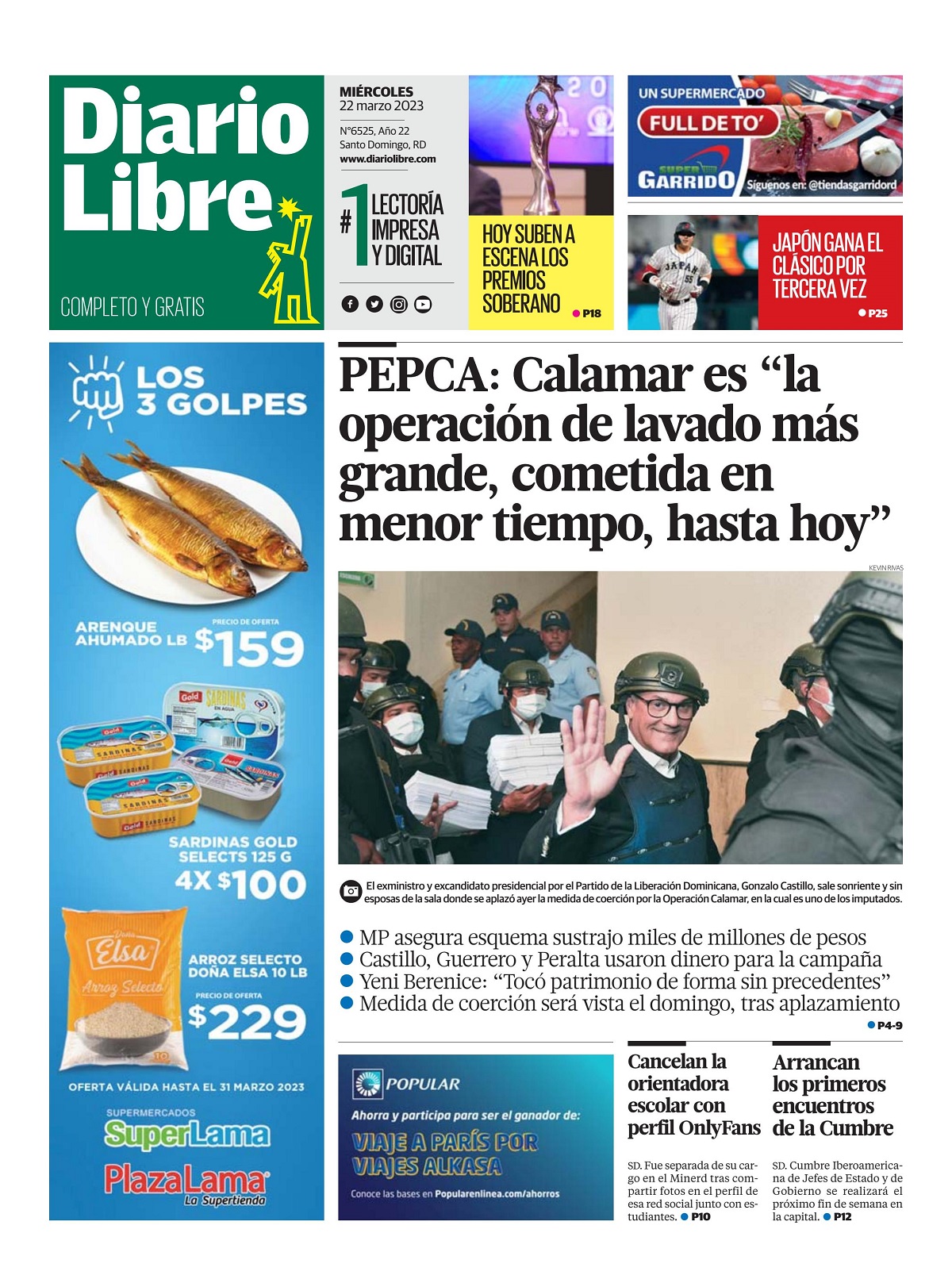 Portada Periódico Diario Libre, Miércoles 22 Marzo, 2023